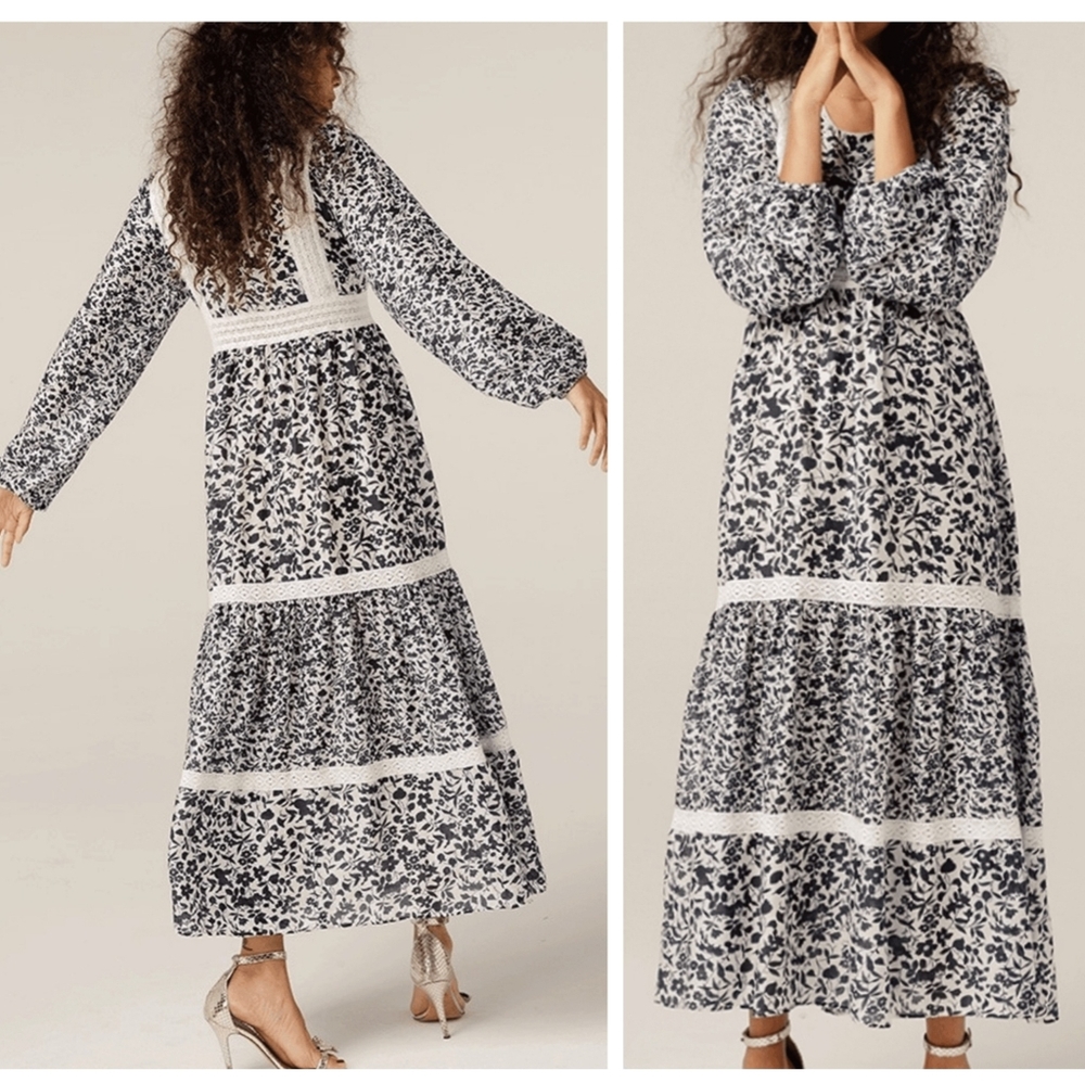 Attic Salt Lara Tiered Floral midi Dress Cotton Lace Cottagecore Prairie